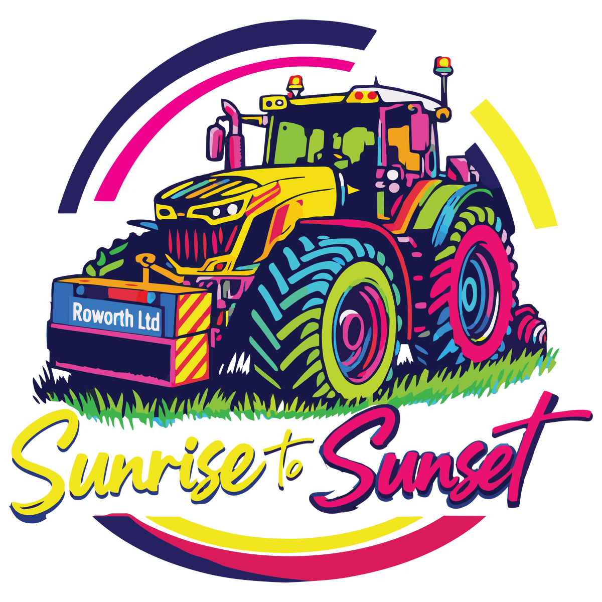 Sunrise to sunset tractor design by Roworth Ltd featuring colourful agricultural illustration on kids clothinG
