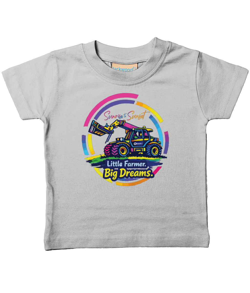 Roworth Ltd toddler t-shirt in heather grey with Little Farmer Big Dreams tractor design, soft agricultural clothing for toddlers