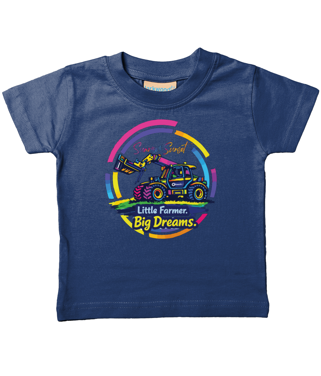 Roworth Ltd toddler t-shirt in navy featuring Little Farmer Big Dreams tractor design, farming inspired toddler clothing