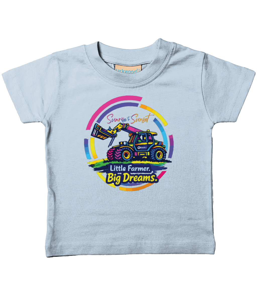 Roworth Ltd toddler t-shirt in pale blue with colourful tractor design, Little Farmer Big Dreams kidswear