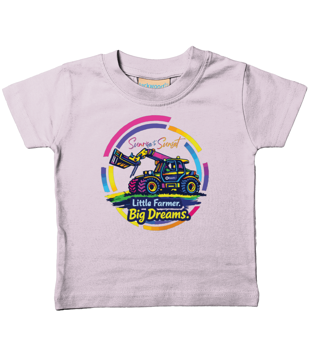 Roworth Ltd toddler t-shirt in pale pink featuring Little Farmer Big Dreams tractor design, soft farming clothing