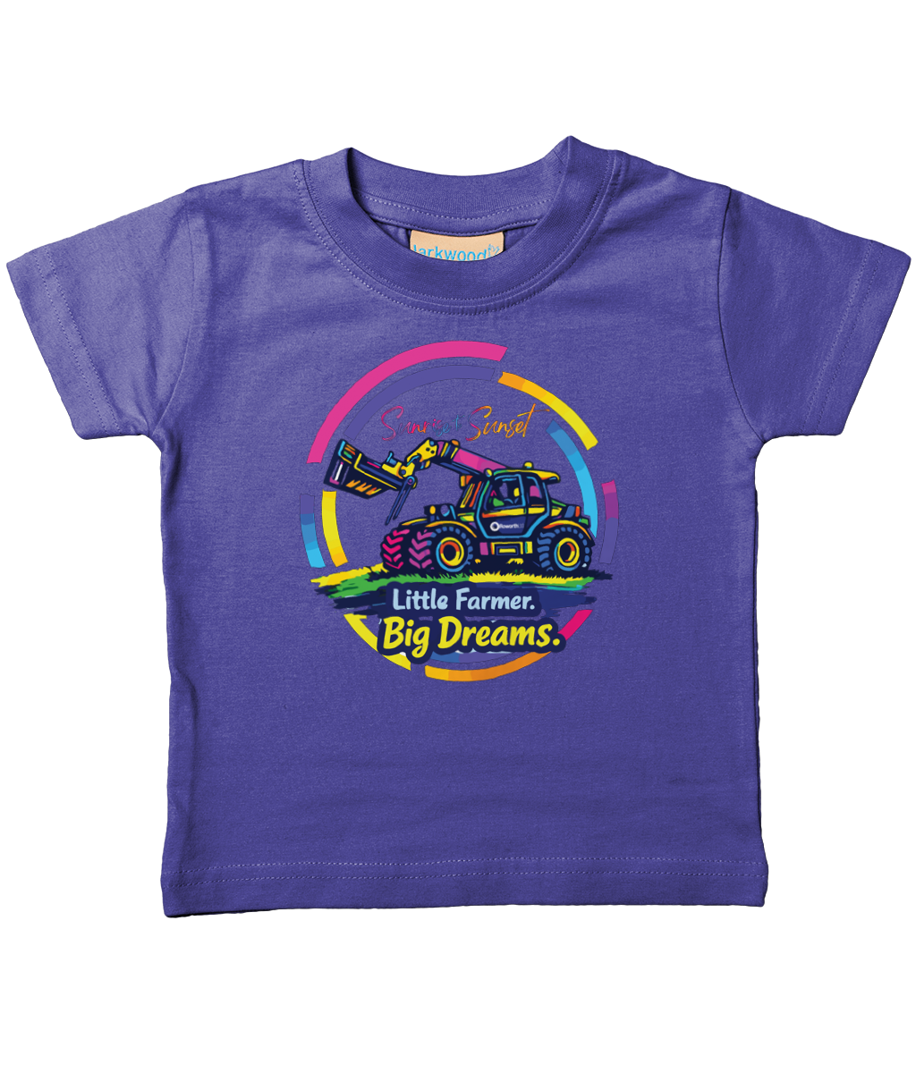 Roworth Ltd toddler t-shirt in purple with Little Farmer Big Dreams tractor design, colourful agricultural clothing
