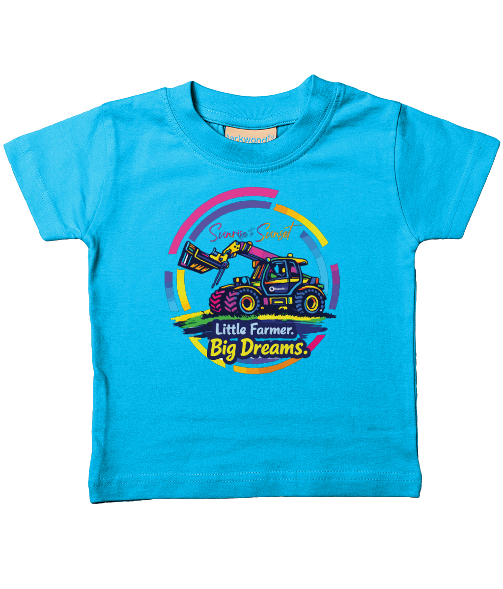 Roworth Ltd toddler t-shirt in turquoise featuring Little Farmer Big Dreams tractor design, bright kids clothing