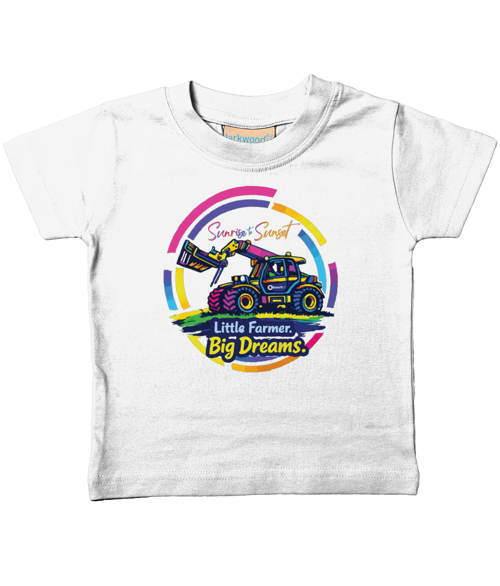 Roworth Ltd toddler t-shirt in white with Little Farmer Big Dreams tractor design, British farming clothing for toddlers