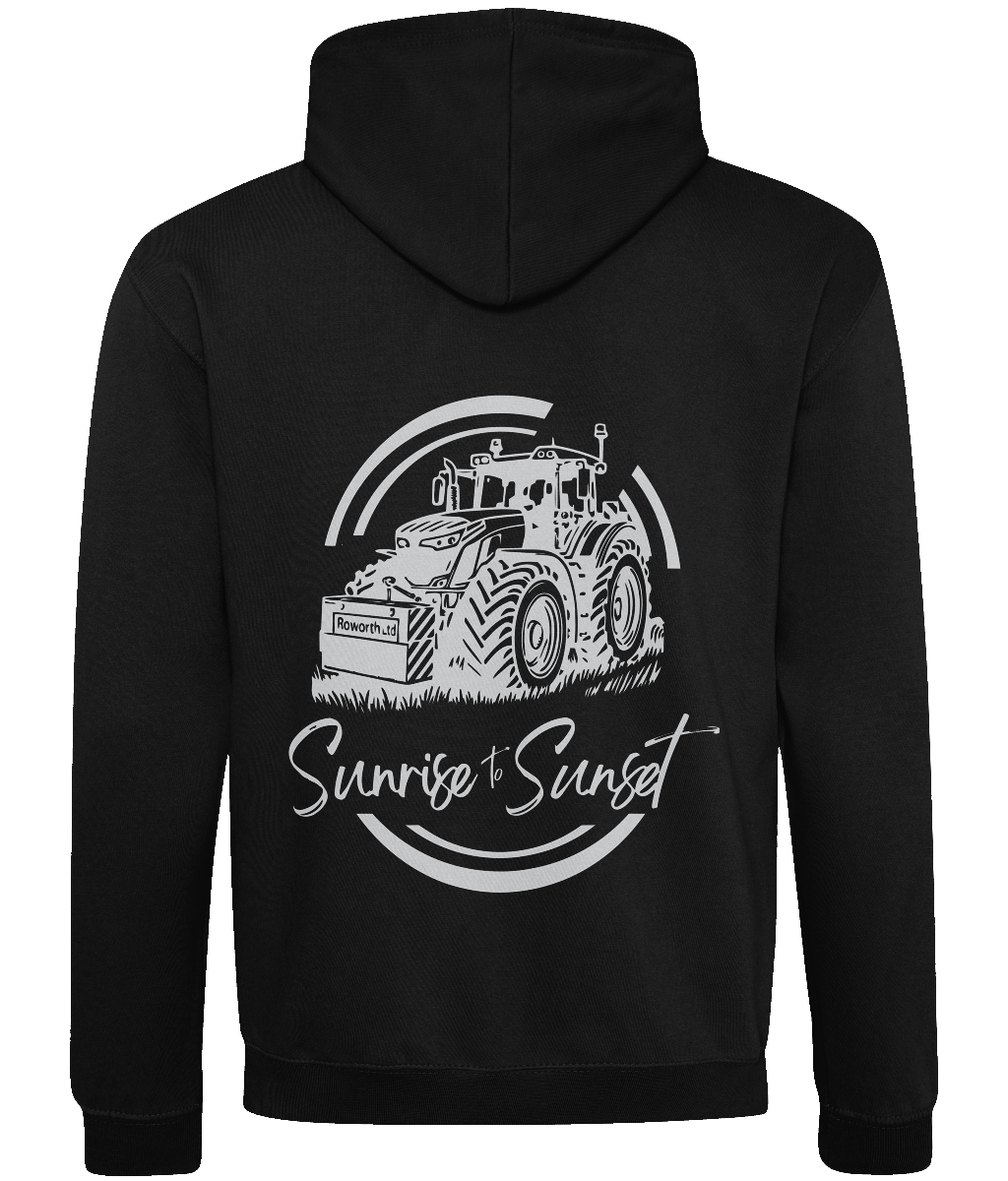 Roworth Ltd black varsity hoodie with sunrise to sunset tractor back print design
