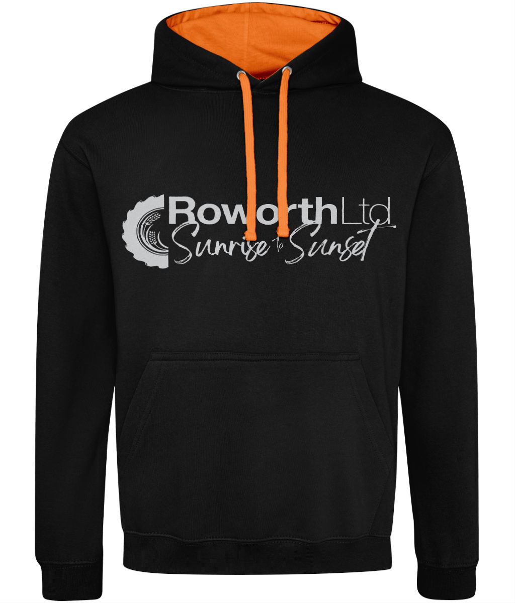 Roworth Ltd black varsity hoodie with orange hood lining and front logo
