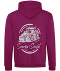 Roworth Ltd varsity hoodie in burgundy with sunrise to sunset tractor back print design