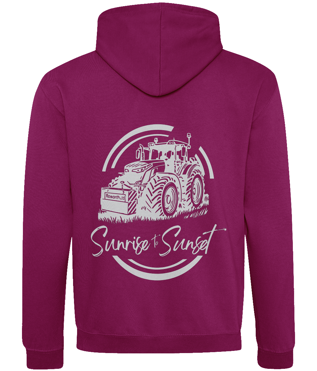 Roworth Ltd varsity hoodie in burgundy with sunrise to sunset tractor back print design