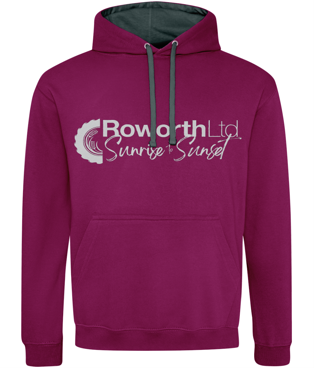Roworth Ltd varsity hoodie in burgundy with contrast hood lining and front logo, British agricultural clothing