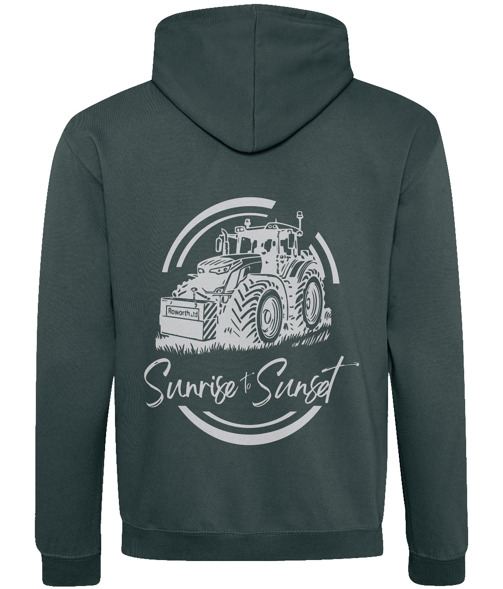 Roworth Ltd varsity hoodie in charcoal with sunrise to sunset tractor back print