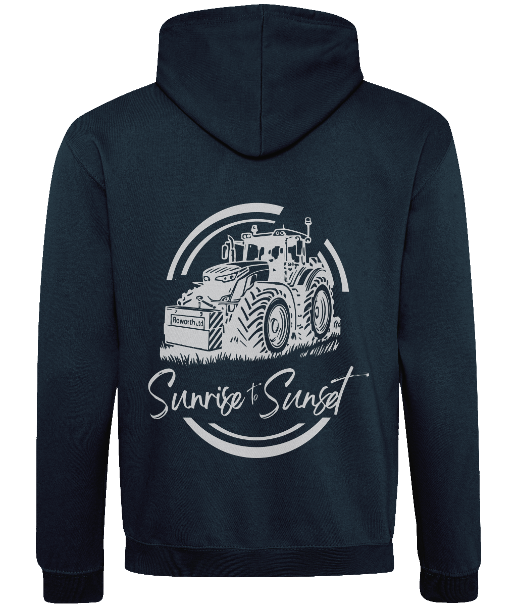 Navy hoodie with a tractor graphic and 'Sunrise to Sunset' text on the back.