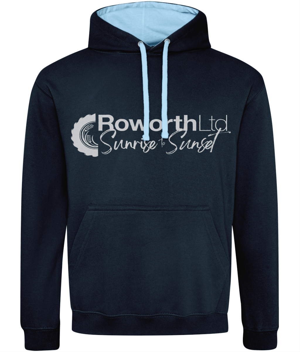 Navy hoodie with 'Roworth Ltd. Sunrise to Sunset' text and logo on a white background