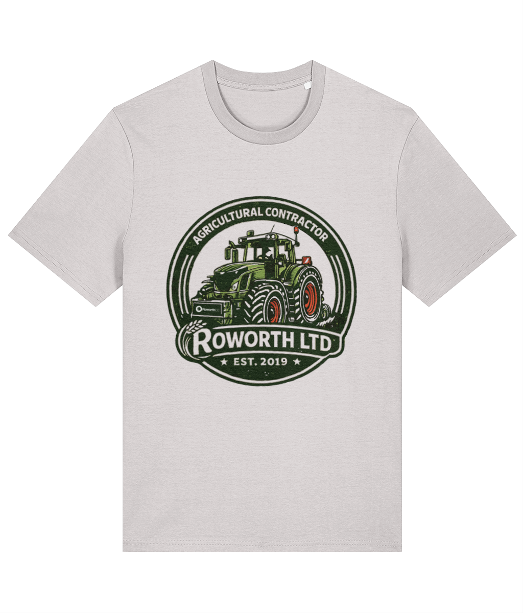 Roworth Ltd vintage adult t-shirt in stone with classic farming crest design, British agricultural clothing