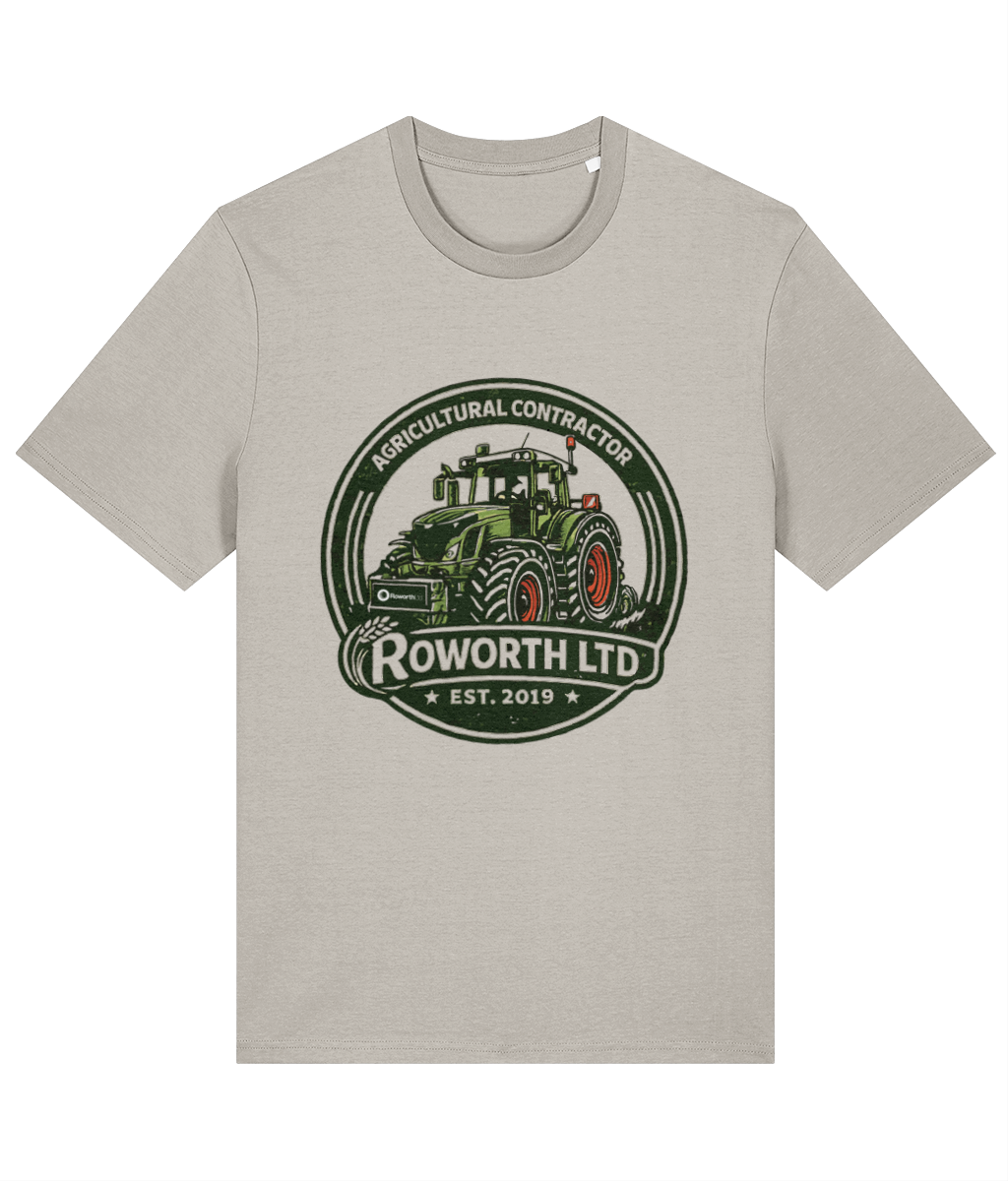 Roworth Ltd vintage adult t-shirt in light grey green with farming crest design, British agricultural clothing