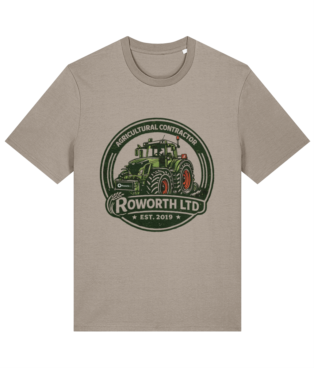 Roworth Ltd vintage adult t-shirt in sand with farming crest design, British agricultural clothing