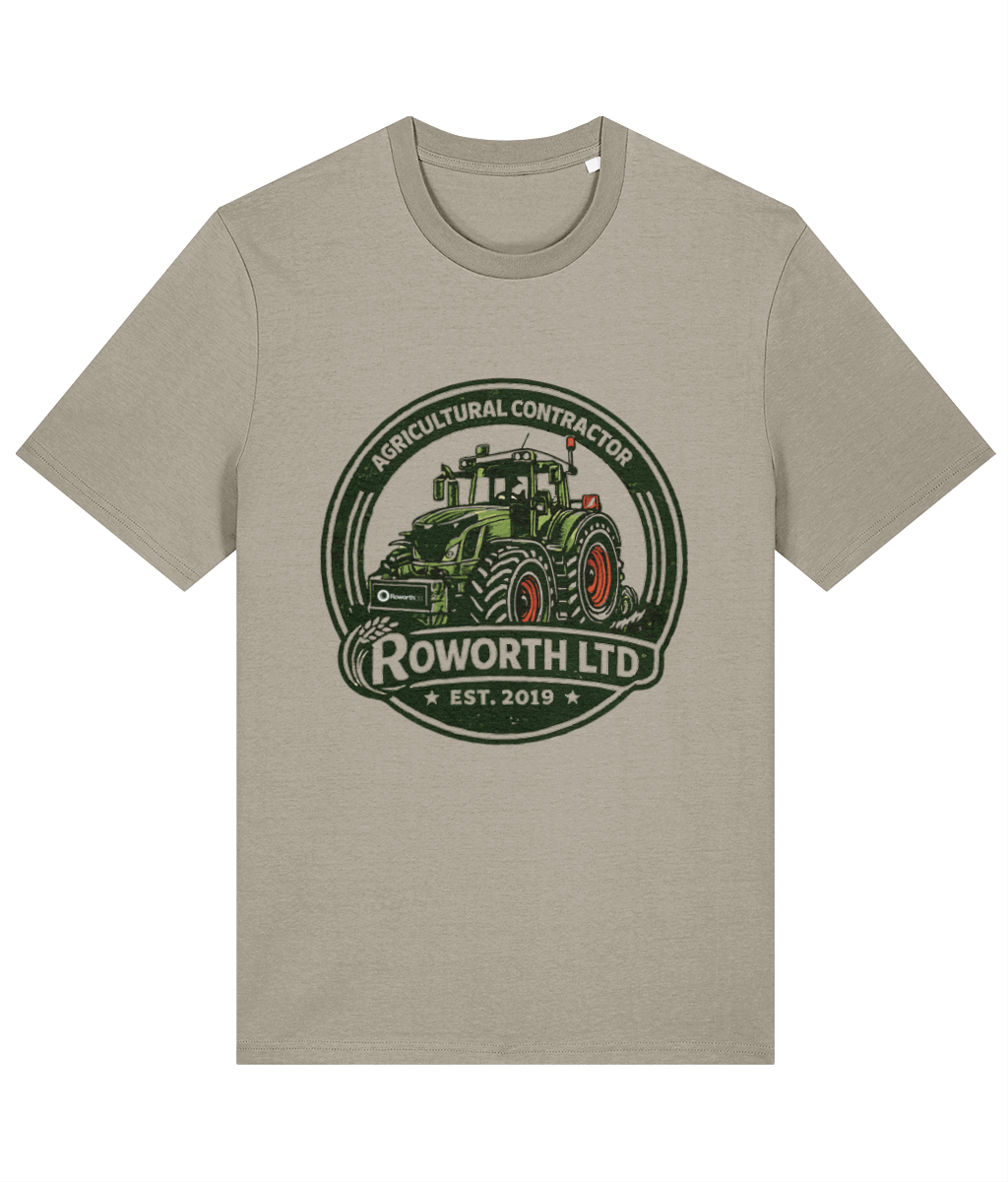 Roworth Ltd vintage adult t-shirt in sand featuring agricultural crest design, British farming clothing