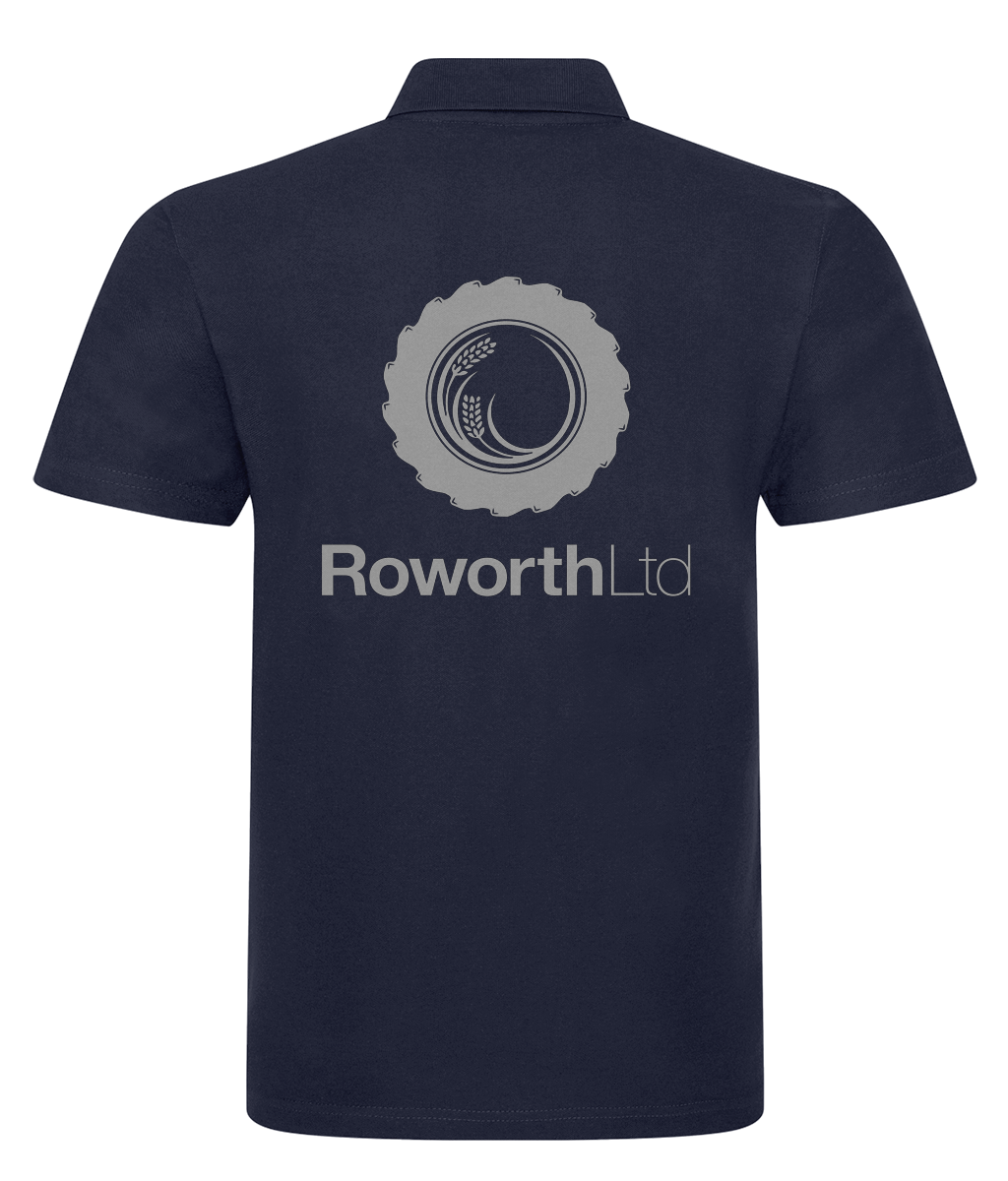 Roworth Ltd navy polo shirt with large printed logo on back, practical farming and workwear clothing