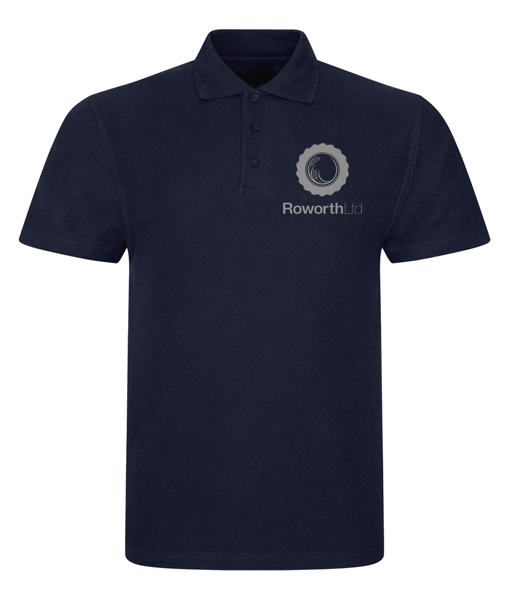 Roworth Ltd navy workwear polo shirt with printed chest logo, durable agricultural and farming clothing